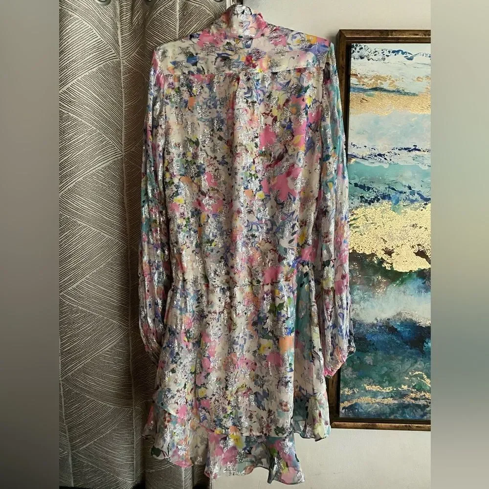 Rococo Sand Floral Leila Metallic Stars Mini Dress Sz XS Wrap Viscose Lined NWT